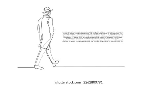 continuous line vector of man walking.one line drawing of man walking leaving place.man in classic clothes,suit and hat