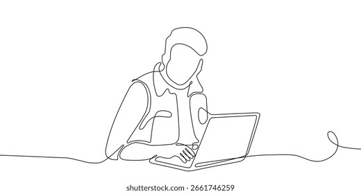 Continuous line vector of a man working with a laptop at a desk. Minimal design for concepts of freelance work, remote office, digital job, productivity, technology, and modern professional lifestyle.