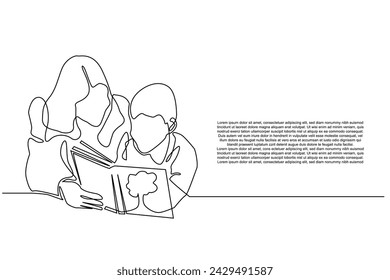 continuous line vector of mother reading a book with child.home learning is done by a mother to her child.line art vector line isolated white background