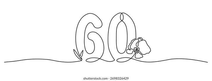 Continuous line vector of number 60 with orchid bloom and leaf. Perfect for 60th birthday, retirement celebration, elegant anniversary or printable design projects.