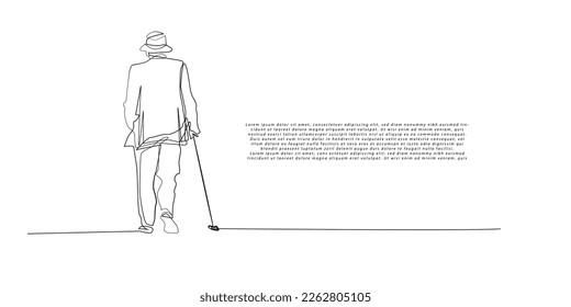 continuous line vector old man.one line drawing of old man walking leaving place.old man in classic clothes,suit,hat and cane