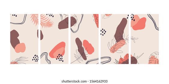 Continuous line. Vector set of abstract creative backgrounds in minimal trendy style with hand drawing abstract elements, leaves in line style. Design templates for social media stories and bloggers 