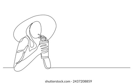 continuous line vector woman enjoying juice.single line woman in hat drinking juice.holiday one line drawing concept