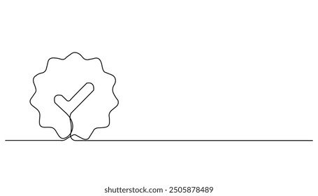 continuous line verification icon.one line drawing of star and verification check mark on social media.verification sign for artists, content creators, public figures.single line vector illustration.