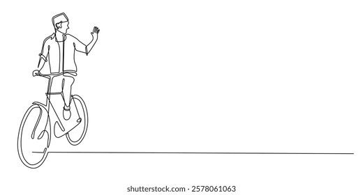 continuous line of village man riding a bicycle.one line drawing of asian man pedaling a bicycle and waving.single line vector illustration.isolated white background