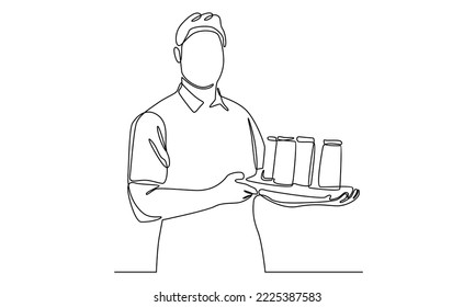 continuous line of waiter holding a serving tray