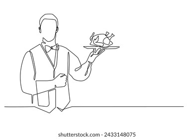continuous line of waiters carrying fried chicken.single line of restaurant waiters carrying trays of grilled chicken.male waiter carrying whole chicken drawn in one line