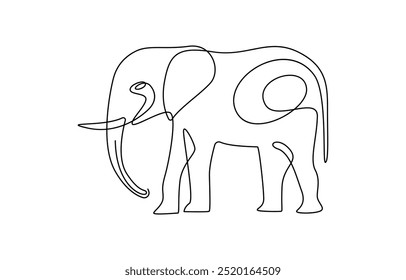 Continuous line of walking standing elephant. Single one line art of wild elephant. Vector illustration, elephant one line. Continuous one line drawing. Logo of the elephant