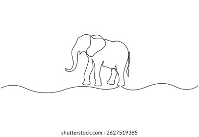 Continuous line of walking standing elephant. Single one line art of wild elephant, Elephant continuous one line drawing. Editable stroke on a white isolated background.