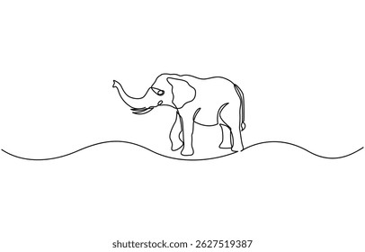 Continuous line of walking standing elephant. Single one line art of wild elephant, Elephant continuous one line drawing. Editable stroke on a white isolated background.