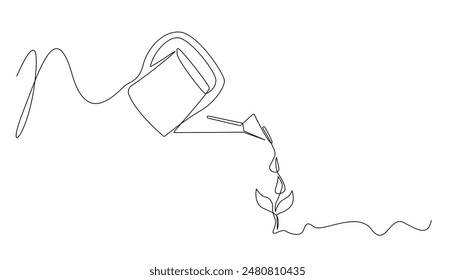 continuous line watering plant seeds.one line drawing of plant seeds being watered.regreening the earth one line concept.one line vector illustration.isolated white background