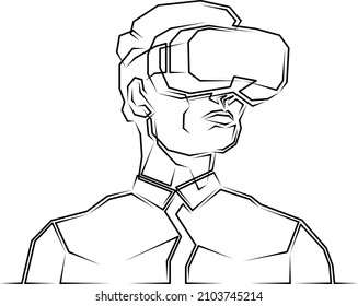 Continuous line.Man  wearing virtual reality glasses. Augmented reality, future technology concept. Online games.Corner line art drawing abstract logo.Lineart isolated white background.
