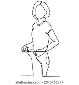 línea continua de pérdida de peso y concepto de dieta, línea continua de mujer sonriente feliz en pantalones sobredimensionados de pie sosteniendo frutas
