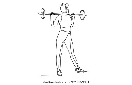 Continuous Line Of Weightlifter Woman Preparing For Barbell Workout