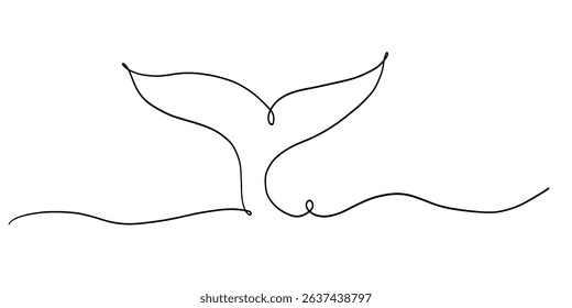 Continuous line whale tail drawing minimalist ocean outline vector illustration in black on white