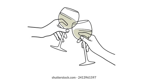 Continuous line white wine cheers one line art, continuous drawing contour. Hands toasting with wine glasses with drinks. Cheers toast festive decoration for holidays. Vector illustration