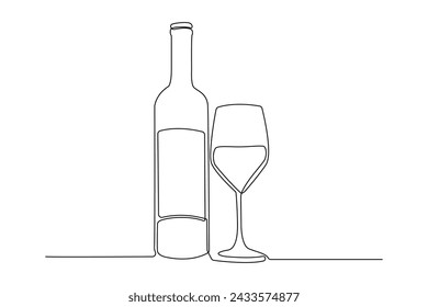 línea continua de botellas de vino y vasos. vector de una sola línea de botellas de vino y vasos. vino dibujado en una línea simple
