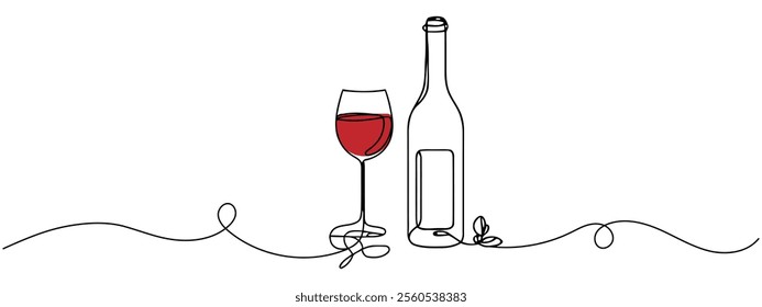 continuous line of wine bottles and glasses.one line drawing vector of wine bottles and glasses.wine drawn in one simple line, Beer glass and bottle one continuous line drawing vector illustration.