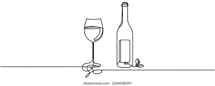 continuous line of wine bottles and glasses.one line drawing vector of wine bottles and glasses.wine drawn in one simple line, Beer glass and bottle one continuous line drawing vector illustration.