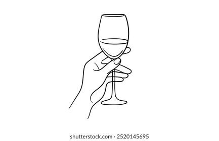 Línea continua de alegrías de vino, contorno de dibujo continuo. Tostado a mano con copas de vino. Brindis por la decoración festiva para las vacaciones. Ilustración vectorial	