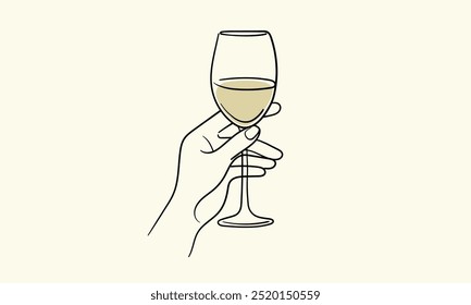 Línea continua de vitores de vino, dibujo continuo sobre fondo amarillo. Tostado a mano con copas de vino. Brindis por la decoración festiva para las vacaciones. Ilustración vectorial	