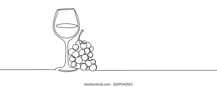 Continuous line, wine glass and grapevine line art vector illustration with white background.