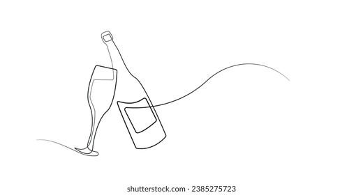 continuous line of wine glasses and bottles.vector single line of glasses side by side with bottles.isolated white background