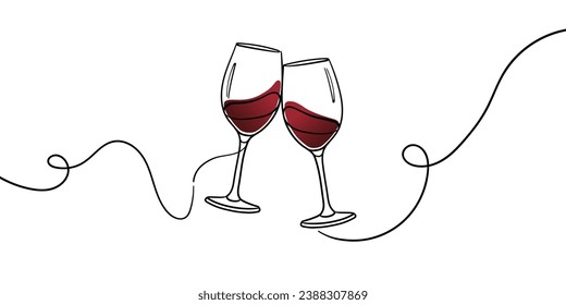 Continuous line wine in glasses cheers one line art, continuous drawing contour. Wine cheers toast festive decoration for holidays. Vector illustration