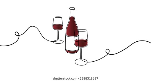 Continuous line wine in glasses cheers one line art, continuous drawing contour. Wine cheers toast festive decoration for holidays. Vector illustration