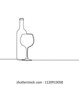 Continuous line winebottle with wineglass. Vector illustration.