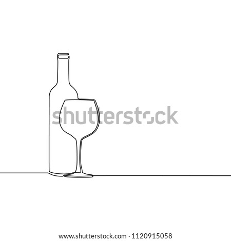 Continuous line winebottle with wineglass. Vector illustration.