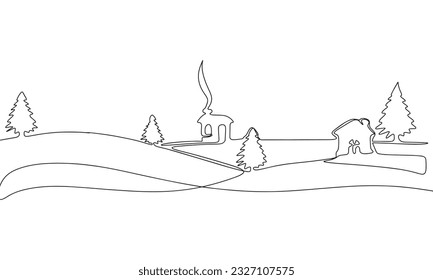 Arte continuo en el paisaje de invierno de línea única. Arte de línea, contorno, pancarta en estilo minimalista. Ilustración del vector