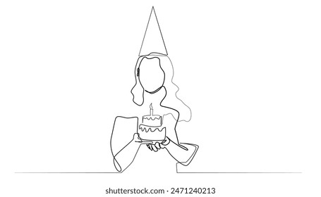 continuous line of woman with birthday cake.single line vector teenager birthday celebration.line art of woman carrying birthday cake and hat.