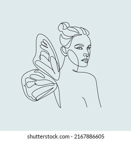 Continuous line of woman with butterfly Surreal Face, minimalist drawing of faces, fashion concept, Logo female beauty, Modern portrait