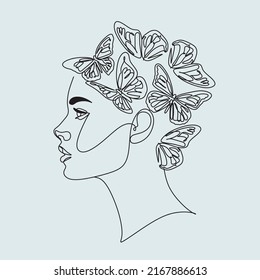 Continuous line of woman with butterfly Surreal Face, minimalist drawing of faces, fashion concept, Logo female beauty, Modern portrait