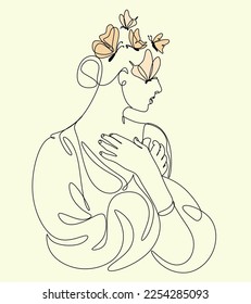Continuous line of woman with butterfly Surreal Face, minimalist drawing of faces, fashion concept, Logo female beauty, Modern portrait