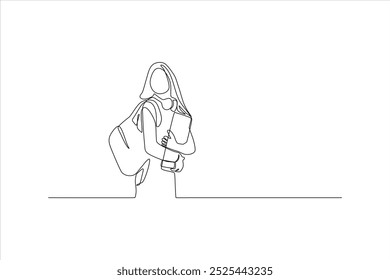 continuous line of woman carrying a backpack	