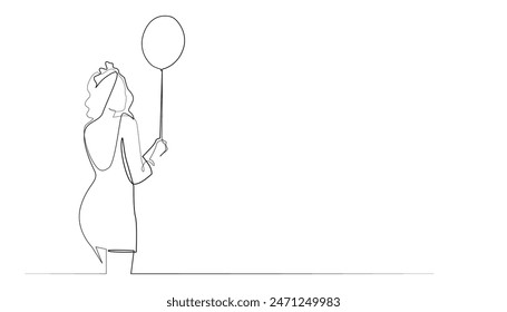 continuous line of woman carrying balloons.vector single line of woman standing and carrying balloons.abstract line concept of birthday celebration