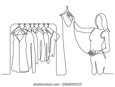 continuous line of woman choosing clothes in shop vector illustration