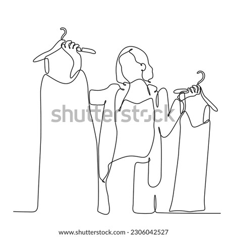 continuous line of woman choosing clothes in shop vector illustration