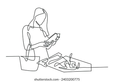 continuous line of woman choosing fresh products.one line drawing of woman shopping and holding products.choosing quality of goods while shopping in super market