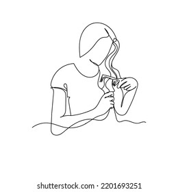 Continuous Line Of Woman Combing Hair. Line Drawing Of A Woman Stroking Her Beautiful Hair With A Comb