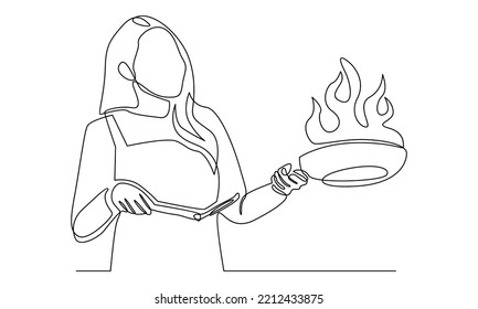 Continuous line of woman cooking food