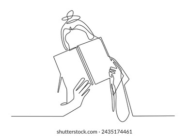 continuous line of woman covering face with book.single line vector of woman posing with book.