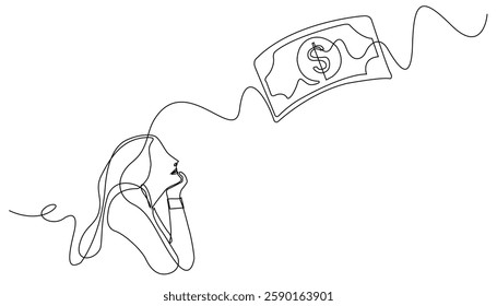 continuous line of woman daydreaming thinking about money.woman holding chin,thinking about needs.one line drawing isolated white background