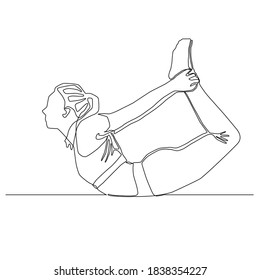 Continuous line of woman doing Yoga in Bow pose. Yoga class exercise vector.