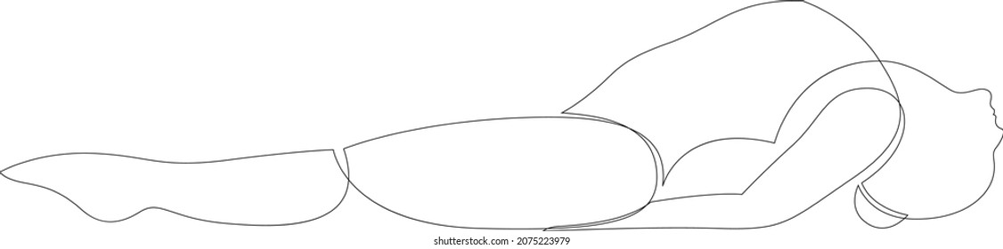 Continuous line of woman doing Yoga in fish pose. Chest lift, put hands under hip, point toes through heels. Vector illustration