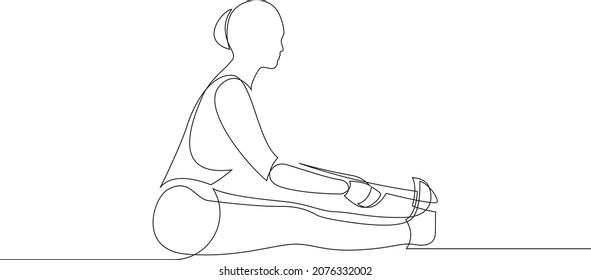 Continuous line of woman doing yoga in Seated forward bend pose with a strap. Stretching body concept. Paschimotanasana vector illustration