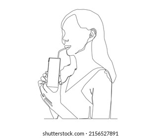 Continuous Line Of Woman Drinking Milk Vector.