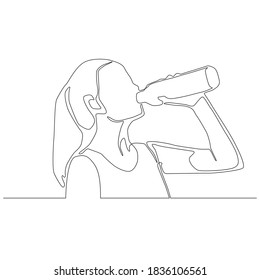 Continuous line of woman drinking water. Athlete is thirsty vector.